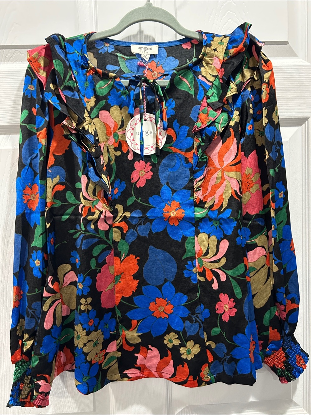 NWT Umgee Black Multicolor Floral Ruffle Tie-Neck Blouse